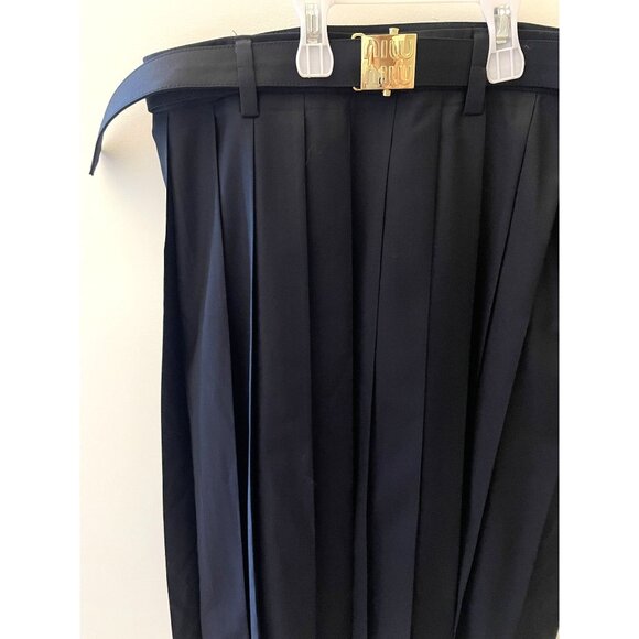 Miu Miu Black Pleated Skirt With Adjustable Waist Belt & Gold Clasp Closure - Picture 3 of 16